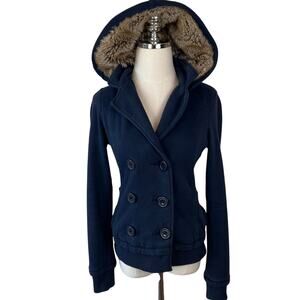 Vintage Y2K American Eagle Button Up Faux Fur Hood Jacket sz Small Navy Twilight